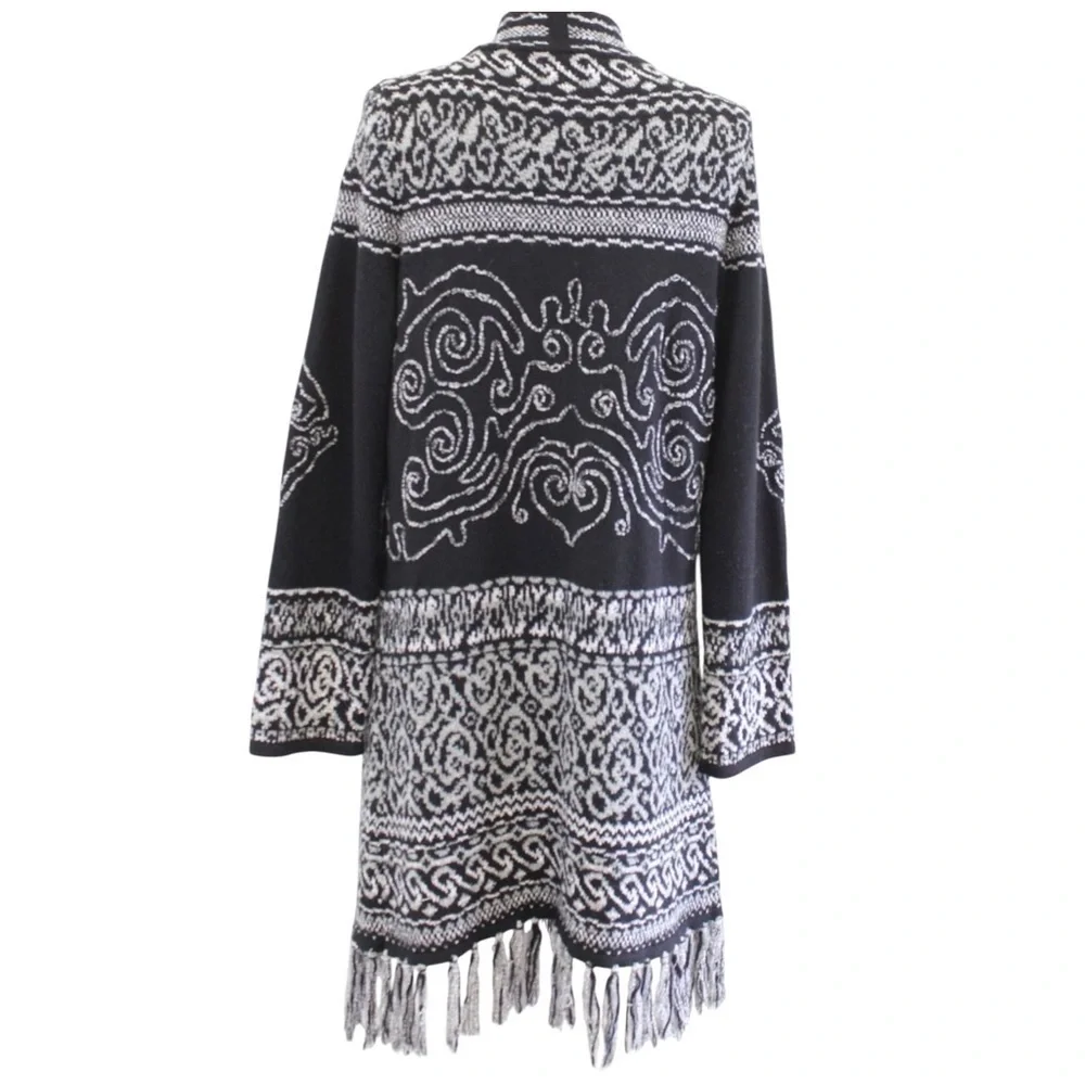 Chico’s Women’s Size 3 (XL) Black Gray Open Front Fringe Cardigan Boho Sweater
